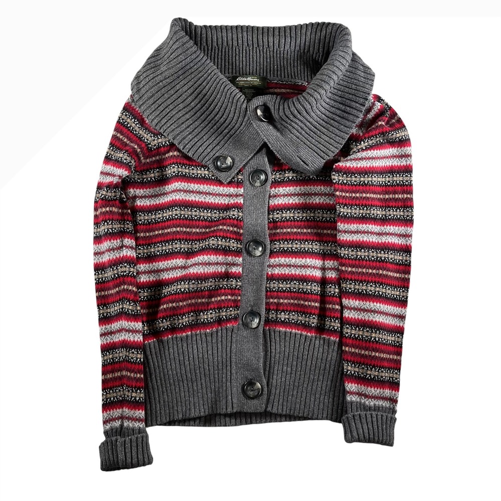 Eddie Bauer Women's Grey/Red Long Sleeve Cowl Neck Cardigan‎ Sweater Size Large
